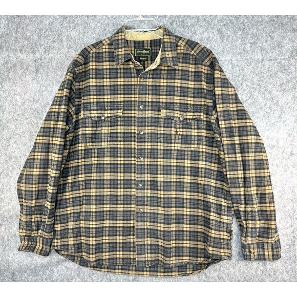 Eddie Bauer Chamois Flannel Shirt Plaid Men’s Size L Heavy Cotton Tan Gray Gorp - Picture 1 of 8
